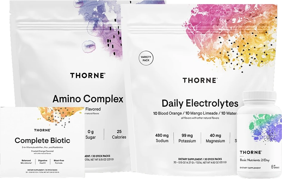 Thorne Amino Complex, Daily Electrolytes, and Complete Biotic supplements