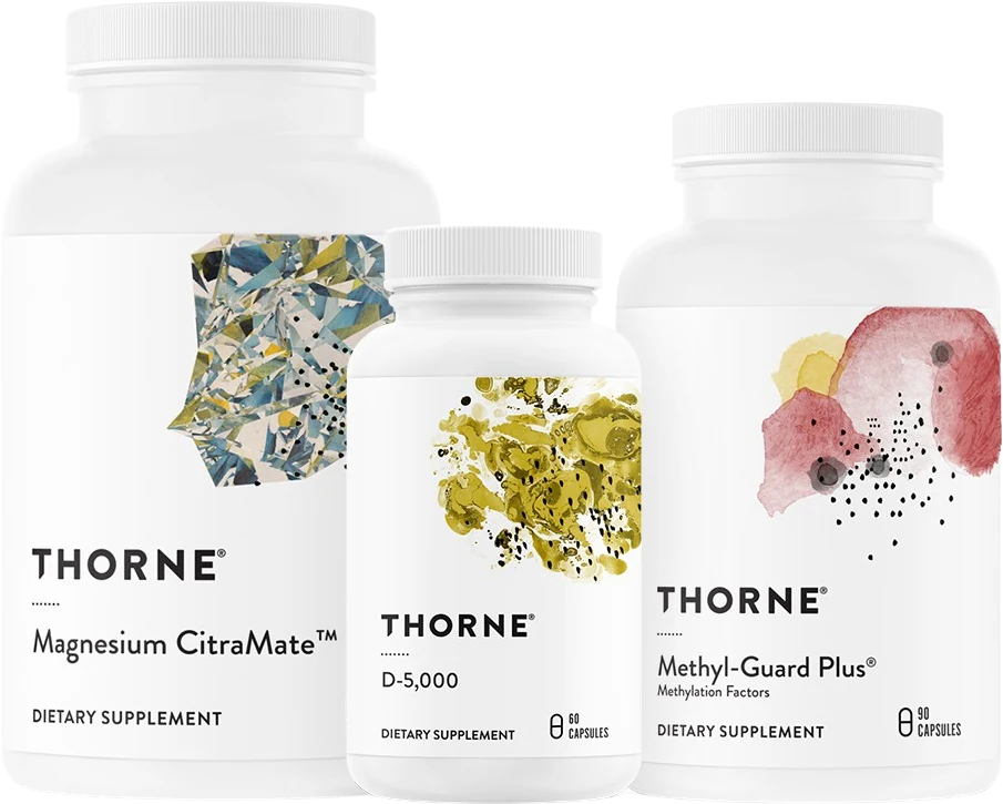 Thorne Magnesium CitraMate, Vitamin D-5,000, and Methyl-Guard Plus supplements